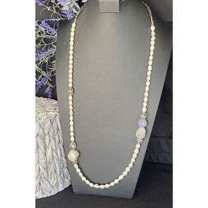 Vintage Pearl Crystals Natural Stones Necklace Stamped REL Jewels
